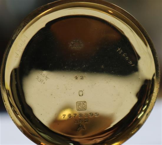 An 18ct gold Turler keyless lever pocket watch with Arabic dial and subsidiary seconds.